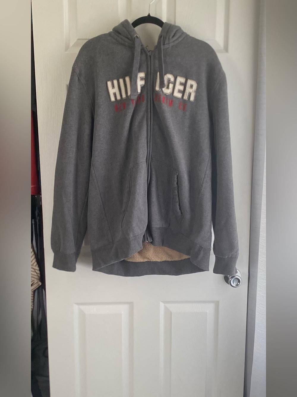 Tommy Hilfiger Charcoal Gray Hoodie with Tan Sherpa Lining